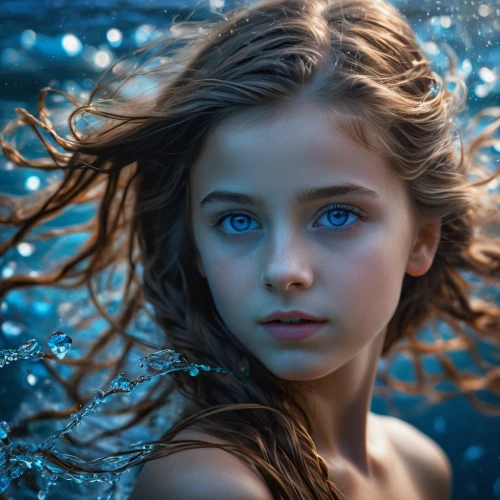water nymph,mystical portrait of a girl,girl on the river,blue eyes,young girl,girl portrait,photoshoot with water,portrait photography,little girl in wind,blue eye,in water,underwater background,siren,blue waters,blue water,the blue eye,under the water,little girl fairy,child model,portrait photographers,Photography,General,Fantasy