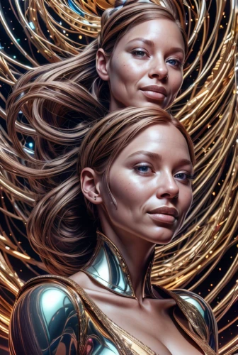 gemini,sci fiction illustration,zodiac sign libra,zodiac sign gemini,fantasy portrait,andromeda,libra,fantasy art,meridians,valerian,cg artwork,world digital painting,heroic fantasy,gold foil art,symetra,mary-gold,horoscope libra,golden crown,sirens,virgo