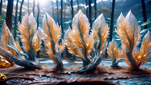 forest fish,fractalius,aquatic plant,aquatic plants,feather on water,cattails,feather bristle grass,3d fantasy,feathers,ice landscape,peacock feathers,parrot feathers,silver grass,fantasy landscape,fairy forest,ice flowers,merfolk,angel trumpets,aquatic herb,quills