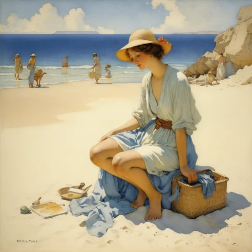 woman with ice-cream,panama hat,beach landscape,breton,girl with bread-and-butter,laundress,the beach pearl,woman holding pie,woman sitting,woman playing,beachcombing,advertising figure,people on beach,italian painter,man at the sea,vintage art,sun hats,sun hat,bougereau,woman at cafe,Illustration,Paper based,Paper Based 23
