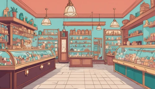 apothecary,soap shop,pharmacy,pastry shop,convenience store,watercolor tea shop,brandy shop,bakery,kitchen shop,watercolor shops,cosmetics counter,ice cream shop,chemist,candy store,candy shop,soda shop,cake shop,pantry,shopkeeper,ice cream parlor,Illustration,Japanese style,Japanese Style 06