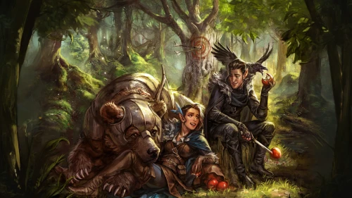 elven forest,forest workers,druids,druid grove,warrior and orc,nomads,game illustration,heroic fantasy,elves,hunting scene,shamanism,horsetail family,the three magi,fantasy picture,arrowroot family,travelers,forest background,germanic tribes,fantasy art,guards of the canyon