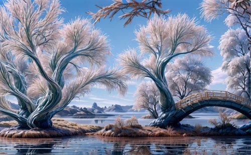 winter landscape,snow trees,river landscape,ice landscape,hoarfrost,row of trees,trees with stitching,fantasy landscape,weeping willow,winter tree,phragmites,winter lake,magnolia trees,snow landscape,christmas landscape,winter background,plane-tree family,nature landscape,the trees,four seasons