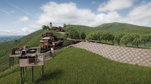 rice terrace,summit castle,mountain settlement,ski jump,house in mountains,lookout tower,mountain station,ski resort,mountain slope,building valley,house in the mountains,mountain world,gondola lift,rice mountain,mountainside,ski facility,5 dragon peak,great wall wingle,grass roof,mountain village,Landscape,Landscape design,Landscape space types,Natural Landscapes