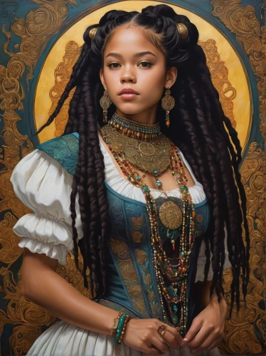 african american woman,fantasy portrait,girl in a historic way,beautiful african american women,mystical portrait of a girl,cleopatra,african woman,celtic queen,black woman,tiana,queen anne,oil painting on canvas,portrait of a girl,fantasy art,priestess,portrait background,steampunk,zodiac sign libra,afro-american,victorian lady,Illustration,Realistic Fantasy,Realistic Fantasy 05
