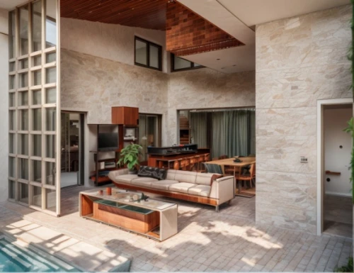 patio furniture,cabana,contemporary decor,spanish tile,outdoor furniture,lattice windows,inside courtyard,corten steel,block balcony,home interior,patio,outdoor table and chairs,almond tiles,courtyard,holiday villa,private house,mid century modern,dunes house,concrete ceiling,stucco wall