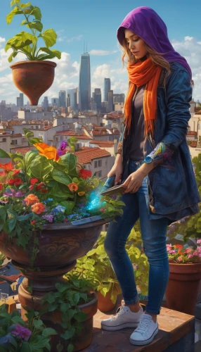girl picking flowers,girl in flowers,roof garden,farmer's market,balcony garden,picking flowers,roof landscape,girl in the garden,holding flowers,rooftops,farmers market,picking vegetables in early spring,on the roof,world digital painting,flower delivery,colorful city,gardener,above the city,gardening,rooftop,Photography,General,Natural
