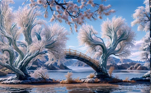 winter landscape,fantasy landscape,ice landscape,weeping willow,winter lake,river landscape,snow trees,christmas landscape,winter background,fantasy picture,landscape background,winter tree,nature landscape,phragmites,salt meadow landscape,coastal landscape,snow landscape,natural landscape,dragon tree,hoarfrost