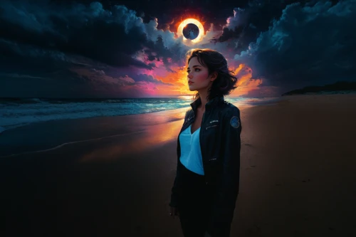 photo manipulation,photomanipulation,photoshop manipulation,world digital painting,fire artist,eclipse,dark beach,image manipulation,aura,sci fiction illustration,digital compositing,third eye,surrealism,astral traveler,transistor,lightpainting,mystical portrait of a girl,mirror of souls,total eclipse,drawing with light