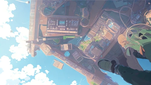 above the city,skycraper,sky apartment,skydive,skydiving,rooftops,rooftop,above,airship,skydiver,high-wire artist,roofs,air ship,violet evergarden,airships,from above,sci fiction illustration,up high,float,flight,Common,Common,Japanese Manga