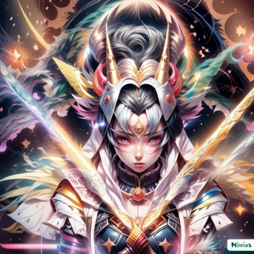 amano,summoner,flame spirit,japanese art,goddess of justice,celestial chrysanthemum,fantasy art,cassiopeia,the enchantress,taiwanese opera,fantasy woman,fire angel,game illustration,unicorn background,kitsune,yi sun sin,wuchang,xun,sorceress,priestess