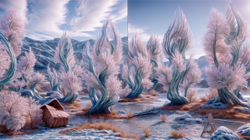 virtual landscape,ice planet,desert plants,fractal environment,mandelbulb,ice landscape,desert coral,crystalline,salt meadow landscape,backgrounds texture,ice crystals,desert planet,joshua trees,mountain plateau,arid landscape,hoarfrost,fractalius,3d fantasy,desert plant,cattails