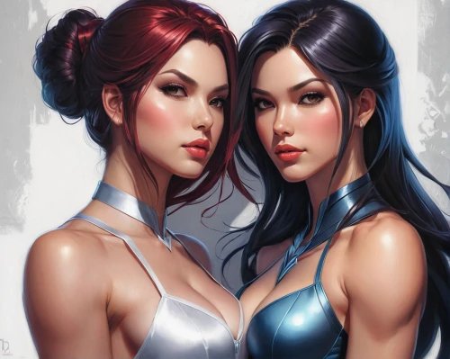 red and blue,princesses,two girls,fantasy art,angel and devil,game illustration,gemini,sisters,two beauties,in pairs,cg artwork,pin-up girls,fairy tale icons,fantasy portrait,world digital painting,twin flowers,pin up girls,young women,sirens,mermaids,Conceptual Art,Fantasy,Fantasy 03