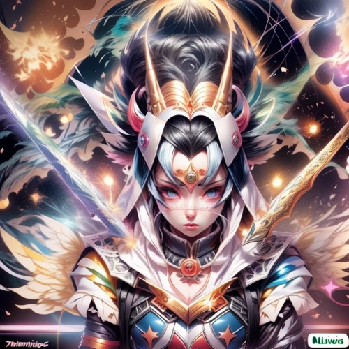 goddess of justice,amano,fantasy woman,summoner,fantasy warrior,archangel,kitsune,the enchantress,sorceress,ixia,female warrior,elza,game illustration,star mother,fire angel,ora,goki,aura,fantasia,fuki