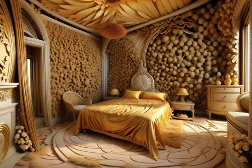 ornate room,gold wall,sleeping room,wood carving,gold castle,patterned wood decoration,wood art,great room,interior decoration,canopy bed,interior design,3d fantasy,children's bedroom,guest room,carved wall,gold paint stroke,bedroom,art nouveau design,room divider,bed in the cornfield