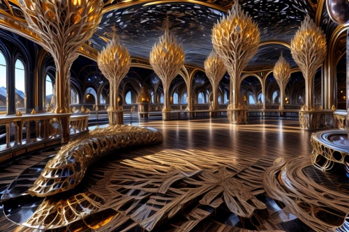 ornate room,patterned wood decoration,fractals art,alcazar of seville,hall of the fallen,king abdullah i mosque,wood art,iranian architecture,3d fantasy,royal interior,the laser cuts,tree of life,fractal environment,gold foil tree of life,mandelbulb,celtic tree,islamic architectural,fractalius,gaudí,intricate