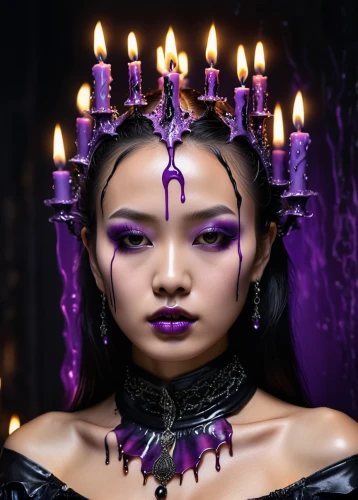 black candle,violet head elf,gothic portrait,zodiac sign libra,burning candle,voodoo woman,priestess,gothic fashion,fantasy portrait,sorceress,the enchantress,celebration of witches,queen crown,imperial crown,burning candles,dark purple,queen of the night,psychic vampire,libra,gothic style,Photography,General,Natural