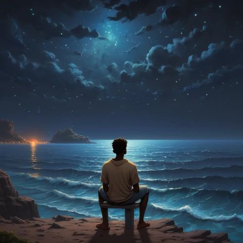 sea night,the endless sea,ocean background,world digital painting,the horizon,photo manipulation,ocean,the night sky,loneliness,contemplation,to be alone,meditation,man at the sea,sci fiction illustration,man thinking,thinking man,stargazing,in thoughts,contemplate,meditative,Conceptual Art,Fantasy,Fantasy 01