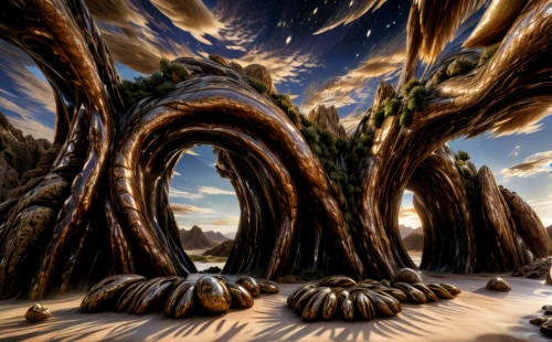 dragon tree,crooked forest,the roots of trees,fantasy landscape,mushroom landscape,3d fantasy,knothole,ghost forest,magic tree,alien planet,fantasy picture,alien world,chestnut forest,fantasy art,virtual landscape,the roots of the mangrove trees,tree of life,gnarled,labyrinth,enchanted forest