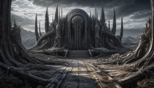 hall of the fallen,end-of-admoria,stargate,castle of the corvin,sepulchre,alien world,haunted cathedral,futuristic landscape,post-apocalyptic landscape,the ruins of the,barren,dark world,the throne,ancient city,threshold,alien planet,necropolis,hinnom,desolation,the threshold of the house