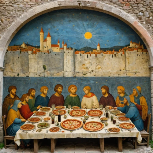 holy supper,christ feast,last supper,sicilian cuisine,fresco,nativity of jesus,frescoes,pentecost,nativity of christ,the dining board,church painting,long table,carpaccio,feast,round table,dinner party,dining,sistine chapel,wall painting,tablescape,Conceptual Art,Oil color,Oil Color 16