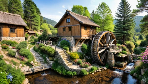 water mill,water wheel,house in mountains,wooden bridge,alpine village,house in the mountains,miniature house,home landscape,old mill,house in the forest,fairy village,carpathians,mountain village,beautiful home,fairy tale castle,escher village,log home,mountain settlement,dutch mill,fairytale castle,Photography,General,Natural
