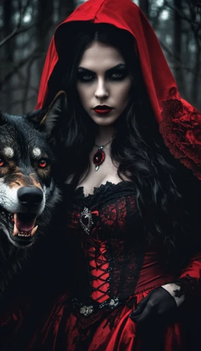 red riding hood,little red riding hood,gothic woman,gothic portrait,vampire woman,dark gothic mood,gothic fashion,red wolf,red coat,vampire lady,gothic,gothic style,queen of hearts,fairy tale character,werewolves,fairy tales,two wolves,fairytale characters,howling wolf,gothic dress,Illustration,Realistic Fantasy,Realistic Fantasy 46