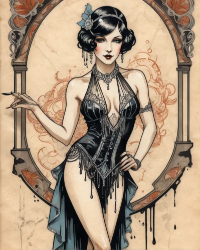 flapper,roaring twenties,art deco woman,roaring 20's,watercolor pin up,twenties,twenties women,absinthe,art nouveau,victorian lady,pin ups,art nouveau design,valentine pin up,corset,lady of the night,victorian style,mucha,sorceress,1920's retro,neo-burlesque,Illustration,Black and White,Black and White 34