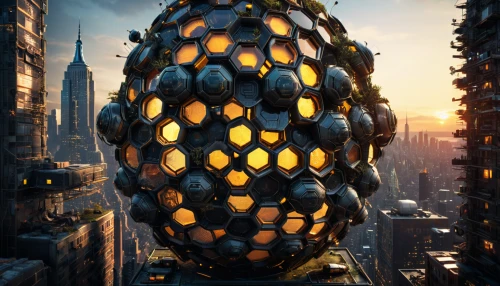 the hive,futuristic architecture,building honeycomb,cheese grater,honeycomb structure,golden egg,nest easter,hive,bee house,egg,solar cell base,egg net,large egg,honeycomb grid,bee hive,insect house,bee-dome,mandelbulb,house pineapple,carapace,Photography,General,Sci-Fi