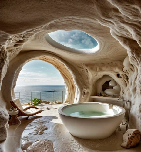 luxury bathroom,cave on the water,window with sea view,sea cave,stone sink,sicily window,stone oven,igloo,cave church,great room,beautiful home,roof domes,cappadocia,luxury hotel,dunes house,round window,round hut,house of the sea,arches,window covering