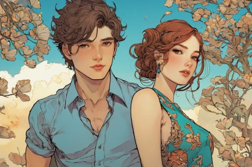 young couple,forget-me-nots,vintage boy and girl,bunches of rowan,almond blossoms,forget-me-not,blossoms,falling flowers,blue birds and blossom,rosa ' amber cover,honeymoon,hydrangeas,clove garden,jessamine,orange blossom,holding flowers,blue hydrangea,forget me nots,springtime background,boy and girl,Illustration,Realistic Fantasy,Realistic Fantasy 12