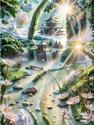 water lotus,landscape background,sacred lotus,ginkaku-ji,lotus pond,tsukemono,芦ﾉ湖,japan landscape,japanese art,fantasy landscape,white water lilies,japanese floral background,oriental painting,japan garden,japanese zen garden,chinese art,fairy world,zen garden,fantasy picture,koi pond