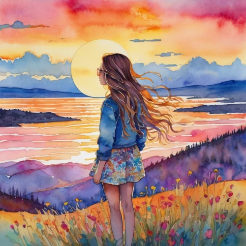 watercolor background,watercolor painting,watercolor,watercolor paint,landscape background,colorful background,watercolor blue,watercolor pencils,boho art,watercolors,water colors,the horizon,watercolor women accessory,watercolor paint strokes,girl in a long,sunset,little girl in wind,world digital painting,girl on the river,art painting,Illustration,Japanese style,Japanese Style 16