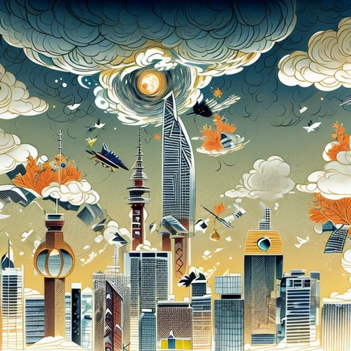 chinese clouds,tianjin,fantasy city,cloud towers,shanghai,sky city,skycraper,world digital painting,pudong,metropolises,city scape,panoramical,skyscrapers,taipei city,city skyline,wuhan''s virus,shenyang,skyscraper town,metropolis,sci fiction illustration