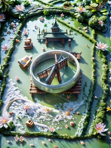 wishing well,japanese zen garden,flower clock,diorama,zen garden,fountain of friendship of peoples,lily pond,tiny world,japanese garden ornament,lilly pond,floor fountain,japanese shrine,scale model,gnome and roulette table,city fountain,centrepiece,japan garden,artificial island,3d render,japanese garden