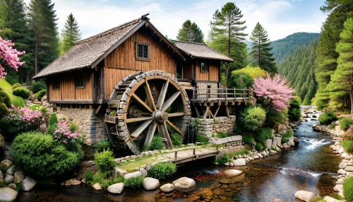 water mill,water wheel,old mill,dutch mill,wooden bridge,log home,home landscape,fairy village,wooden construction,mountain spring,wooden house,carpathians,gristmill,log bridge,alpine village,log cabin,wooden wheel,wooden houses,flour mill,mountain village,Photography,General,Natural