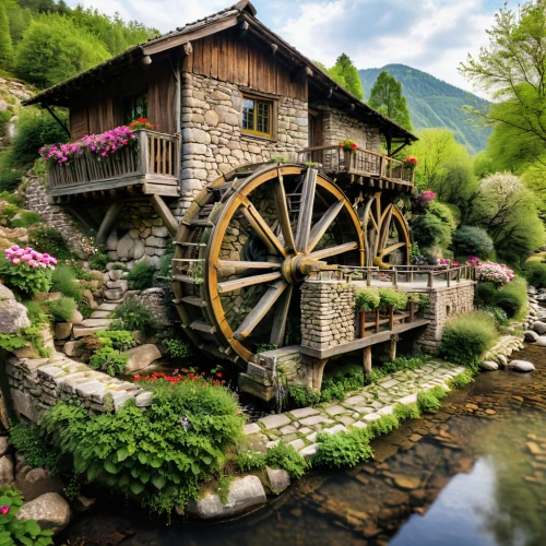 water mill,water wheel,old mill,house in mountains,dutch mill,home landscape,house in the mountains,beautiful home,mountain village,alpine village,popeye village,country cottage,mountain spring,mountain settlement,swiss house,gristmill,traditional house,slovenia,summer cottage,carpathians,Photography,General,Natural
