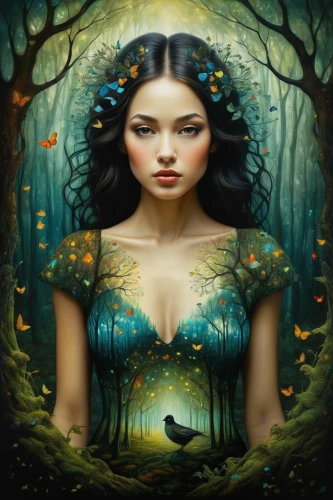 faerie,faery,dryad,mystical portrait of a girl,the enchantress,fantasy art,girl with tree,fantasy picture,fantasy portrait,enchanted forest,fairy queen,fairy forest,fairy tale character,fae,forest background,fantasy woman,children's fairy tale,little girl fairy,world digital painting,autumn background,Illustration,Abstract Fantasy,Abstract Fantasy 19