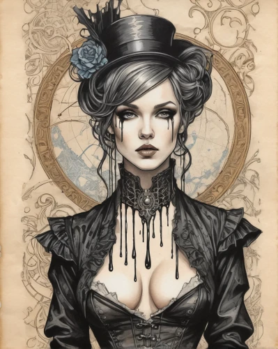 victorian lady,steampunk,victorian style,black hat,steampunk gears,gothic portrait,gothic woman,black rose,gothic fashion,victorian,fashion illustration,lady of the night,fantasy portrait,corset,widow,gothic style,the victorian era,vintage drawing,victorian fashion,aristocrat,Illustration,Black and White,Black and White 34