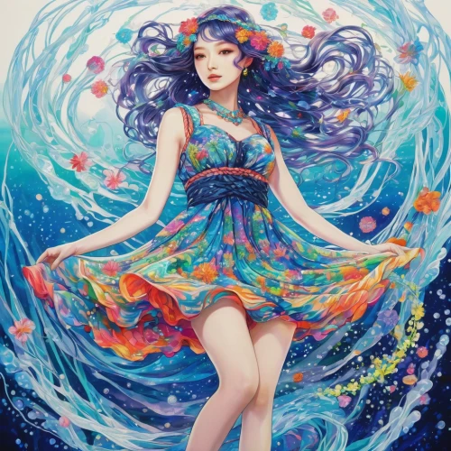 amano,water nymph,jellyfish,fairy galaxy,aquarius,siren,the sea maid,water rose,fantasia,nami,colorful water,ocean,rusalka,芦ﾉ湖,白斩鸡,water flower,fairy peacock,cosmos wind,jellyfish collage,andromeda,Illustration,Japanese style,Japanese Style 17