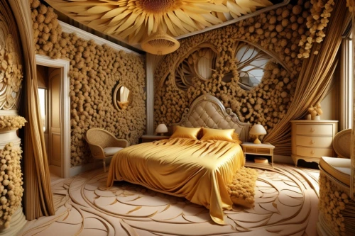 ornate room,gold castle,mandelbulb,sleeping room,3d fantasy,gold wall,canopy bed,interior decoration,wood art,patterned wood decoration,great room,fairy tale castle,tree house hotel,wood carving,interior design,children's bedroom,guest room,luxury hotel,gold paint stroke,hobbiton
