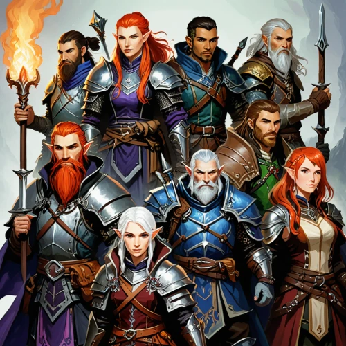 massively multiplayer online role-playing game,witcher,dwarves,heroic fantasy,dragon slayers,game characters,alliance,game illustration,advisors,assassins,aesulapian staff,collected game assets,guild,vikings,dwarfs,android game,lancers,people characters,6-cyl in series,party banner,Illustration,Retro,Retro 20