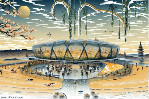 ice planet,futuristic landscape,golden pavilion,the golden pavilion,mushroom landscape,alien world,alien planet,utopian,snow globe,shirakami-sanchi,fukushima,planetarium,mushroom island,water lotus,artificial island,acid lake,fairy world,exo-earth,post-apocalyptic landscape,musical dome