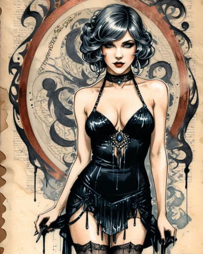 corset,gothic fashion,gothic woman,sorceress,goth woman,gothic dress,black rose,dark angel,pin ups,black widow,neo-burlesque,gothic style,steampunk,flapper,widow spider,vampire lady,lady of the night,deadly nightshade,fashion illustration,black cat,Illustration,Black and White,Black and White 34