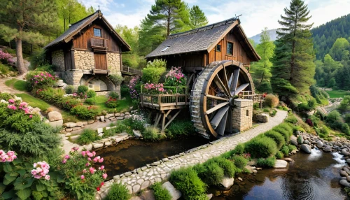 water mill,water wheel,home landscape,dutch mill,old mill,mountain village,alpine village,miniature house,country cottage,carpathians,idyllic,wishing well,mountain spring,bavarian swabia,wooden carriage,rural landscape,summer cottage,fantasy picture,countryside,wooden wheel,Photography,General,Natural