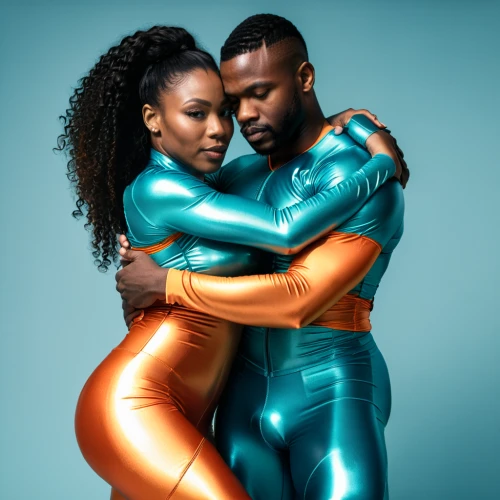 black couple,latex clothing,photo session in bodysuit,turquoise leather,teal and orange,bodypaint,bobsleigh,latex,bodypainting,neon body painting,body painting,man and woman,man and wife,couple goal,jumpsuit,photo shoot for two,gladiators,space-suit,leotard,spandex,Photography,General,Natural