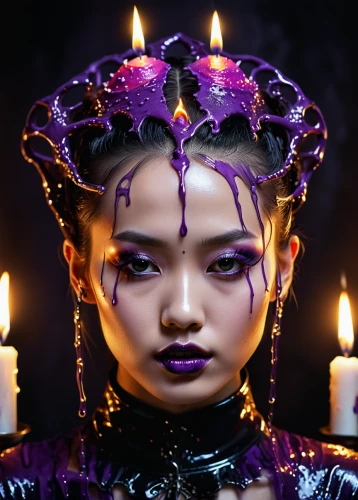 voodoo woman,black candle,fantasy portrait,gothic portrait,bjork,violet head elf,mystical portrait of a girl,psychic vampire,burning candle,violet,the enchantress,occult,sorceress,celebration of witches,goth like,goth woman,fortune teller,ultraviolet,dark portrait,witches pentagram,Photography,General,Natural