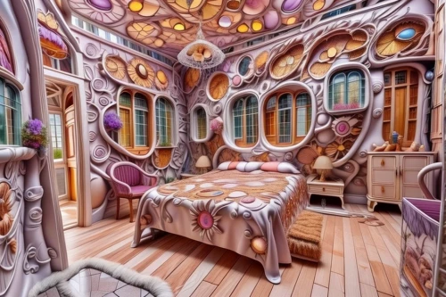 tree house hotel,fairy tale castle,the little girl's room,children's bedroom,ornate room,tree house,patterned wood decoration,3d fantasy,alice in wonderland,art nouveau design,children's room,great room,dandelion hall,children's interior,fairytale castle,art nouveau,treehouse,children's playhouse,crooked house,snowhotel