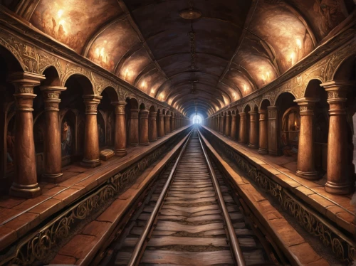 train tunnel,railway tunnel,hall of the fallen,train station passage,underground,passage,train of thought,merchant train,subway system,corridor,catacombs,canal tunnel,subway station,london underground,the mystical path,hogwarts express,labyrinth,tunnel,sci fiction illustration,threshold,Conceptual Art,Fantasy,Fantasy 27