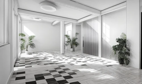 hallway space,hallway,3d rendering,ceramic floor tile,daylighting,tile flooring,floor tiles,room divider,corridor,checkered floor,render,search interior solutions,interior design,parquet,flooring,core renovation,white room,interior modern design,plantation shutters,interior decoration,Commercial Space,Working Space,None